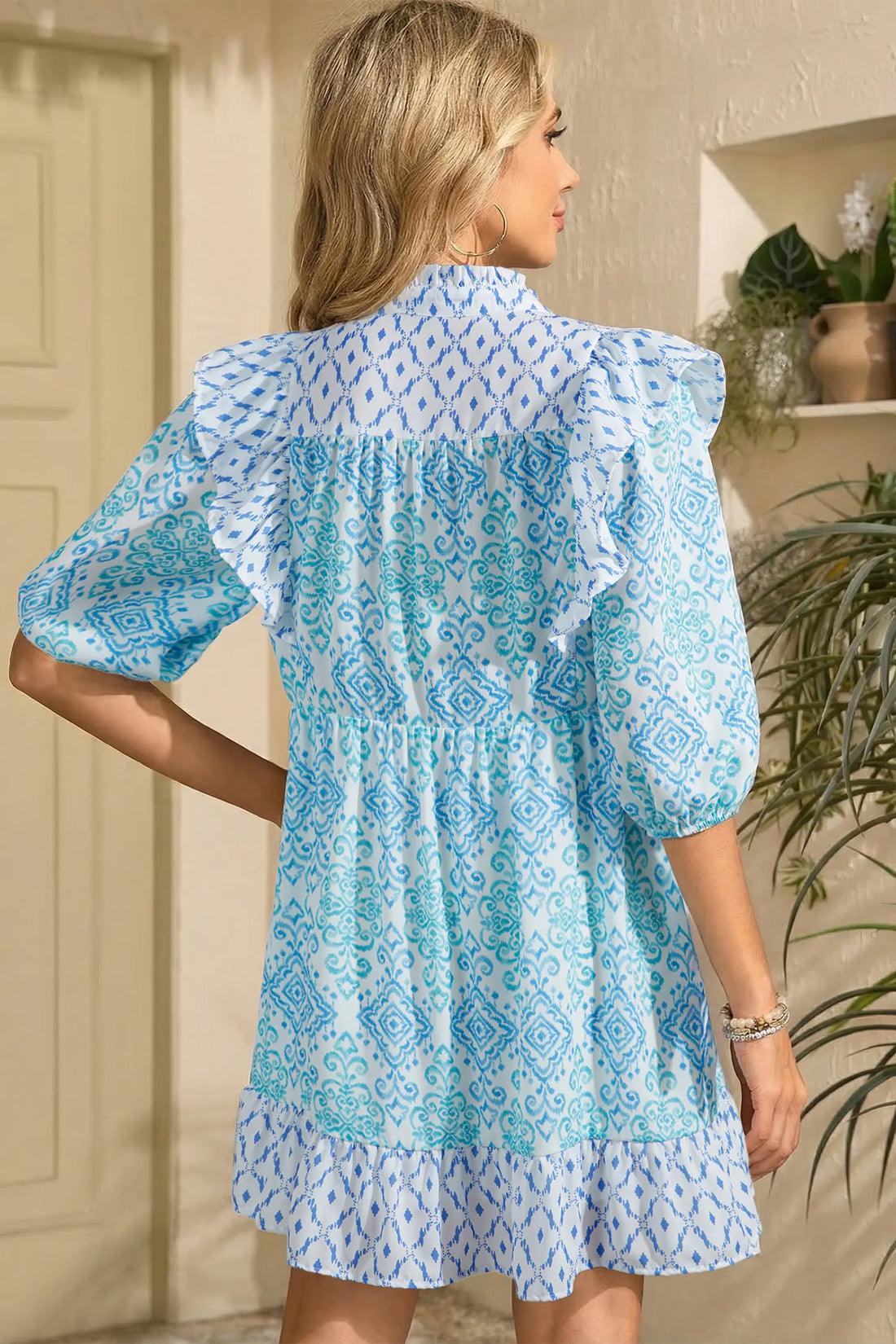 Boho Floral Geometric Patchwork Ruffle Puff Sleeve Mini Dress