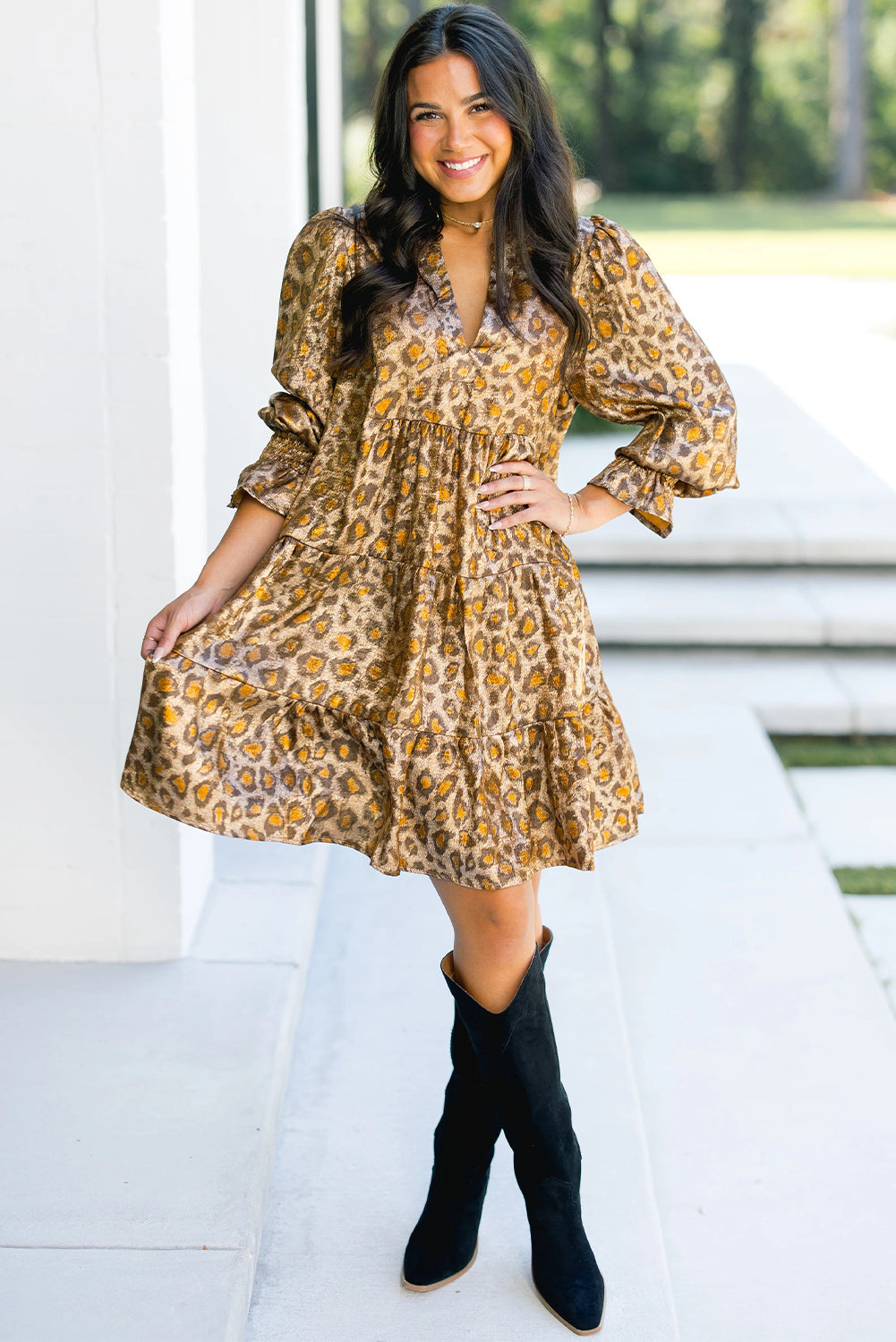 Leopard Print V-Neck Ruffled Sleeve Tiered Loose Mini Dress - eAura