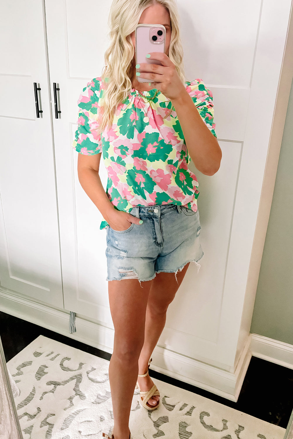 Green Abstract Print Frilly Neck Ruched Short Sleeve Blouse eAura