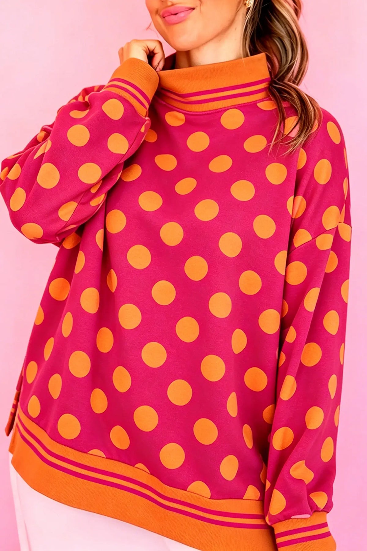 Mock Neck Sweatshirt - Polka Dot Striped Trim