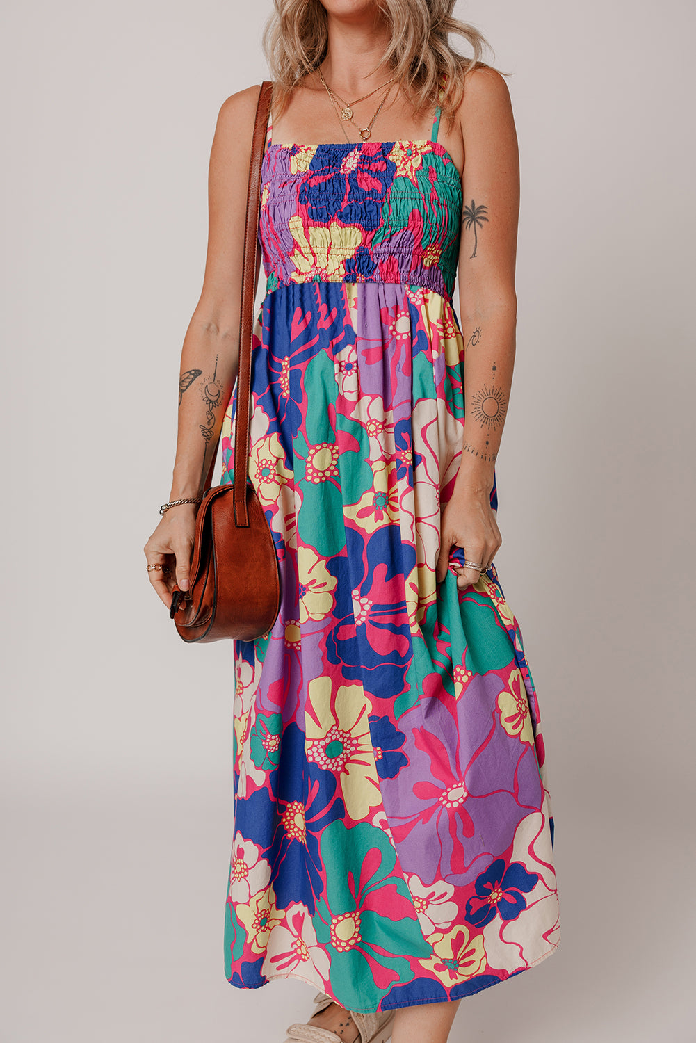 Purple Floral Print Shirred Spaghetti Strap Loose Maxi Dress eAura