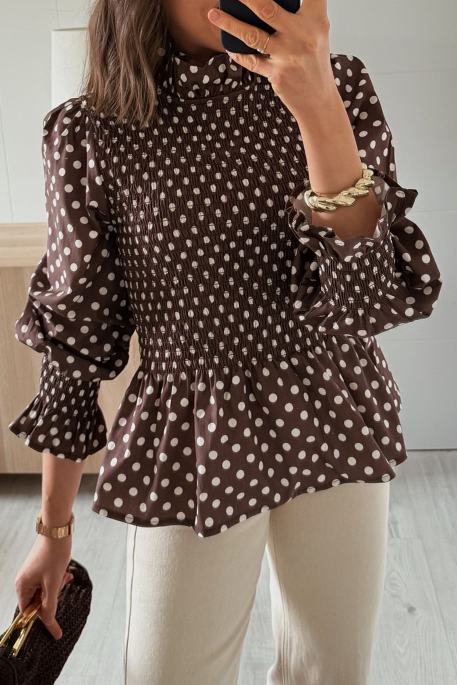 Polka Dot Ruffled High Neck Shirred Ruffle Hem Blouse – Brown