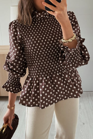 Polka Dot Ruffled High Neck Shirred Ruffle Hem Blouse – Brown