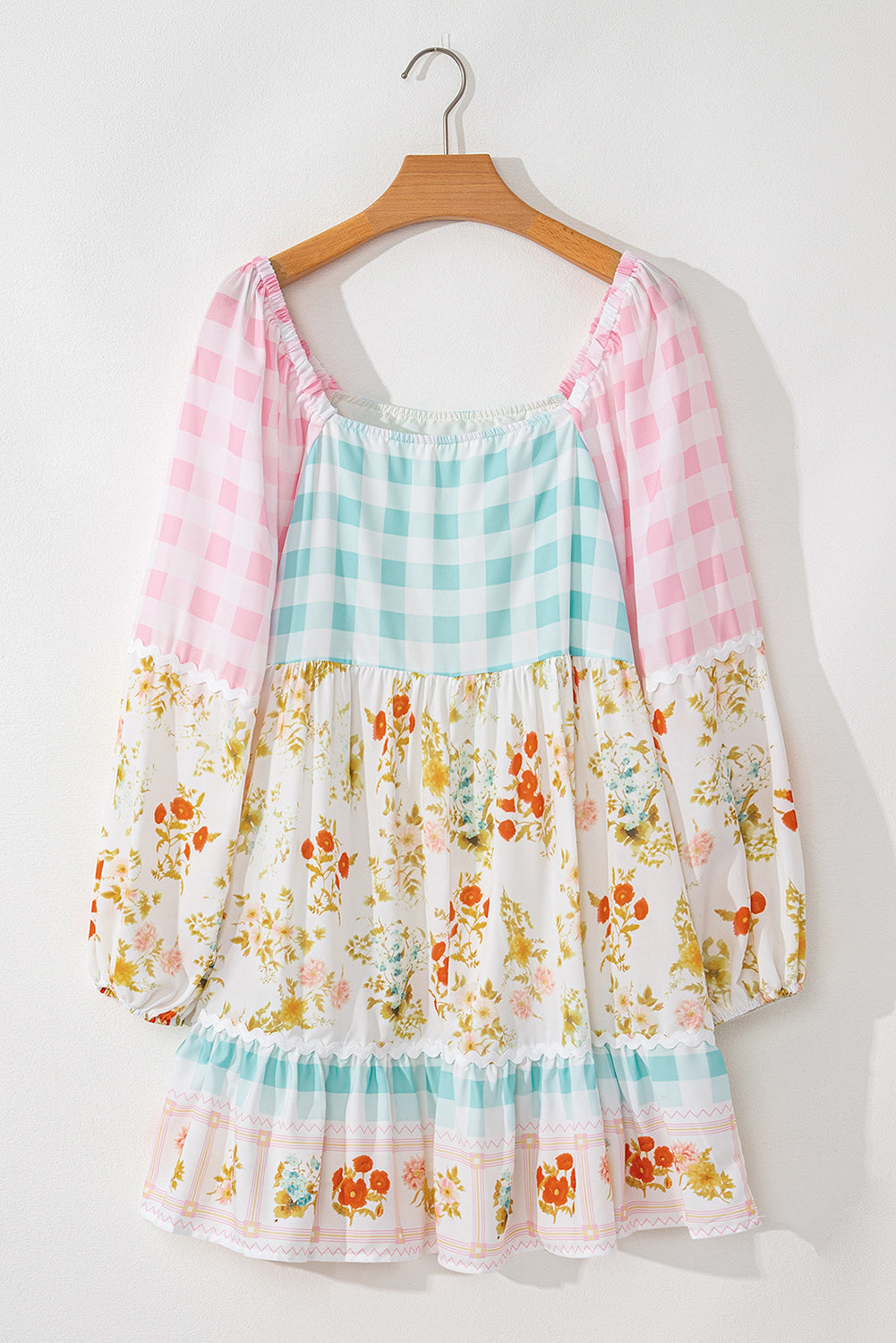 Pink Ric Rac Plaid Floral Print Patchwork Bubble Sleeve Dress eAura