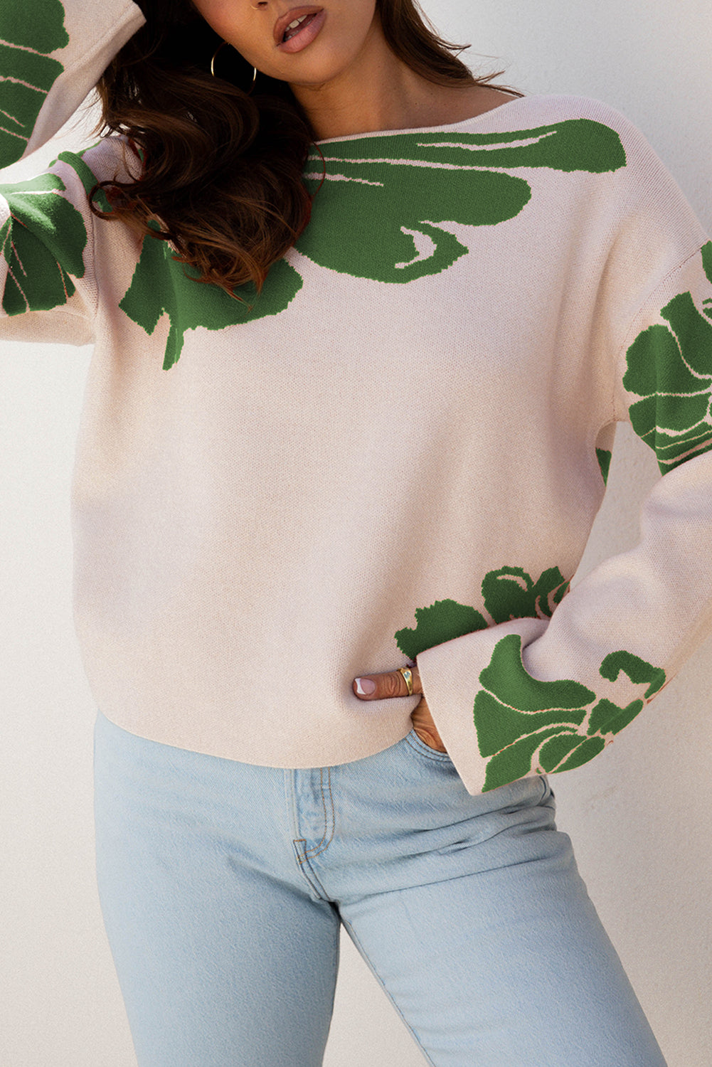 Bold Flower Pattern Wide Sleeve Overside Sweater - eAura