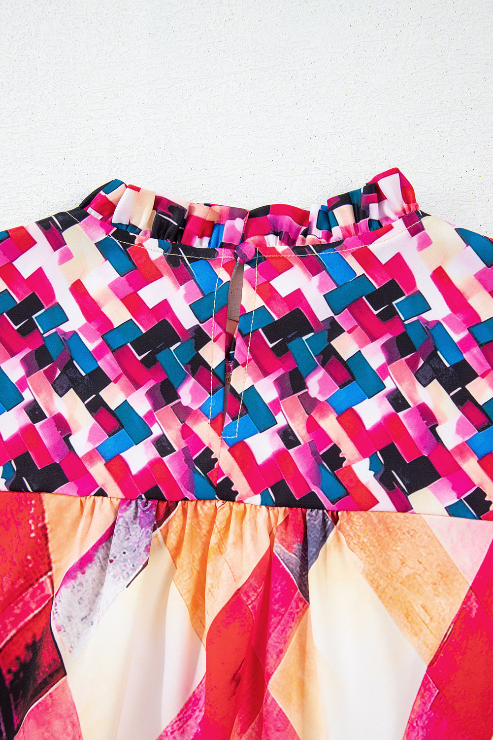 Rose Red Abstract Geometric Pattern Patchwork Puff Sleeve Blouse eAura