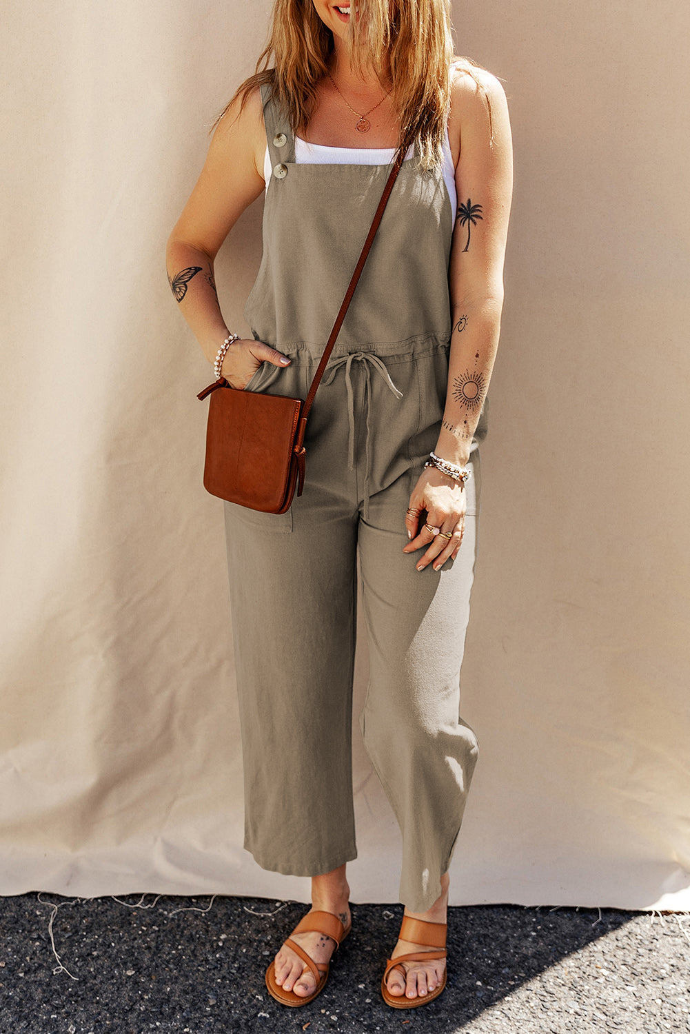 Sage Green Drawstring Buttoned Straps Cropped Overall eAura