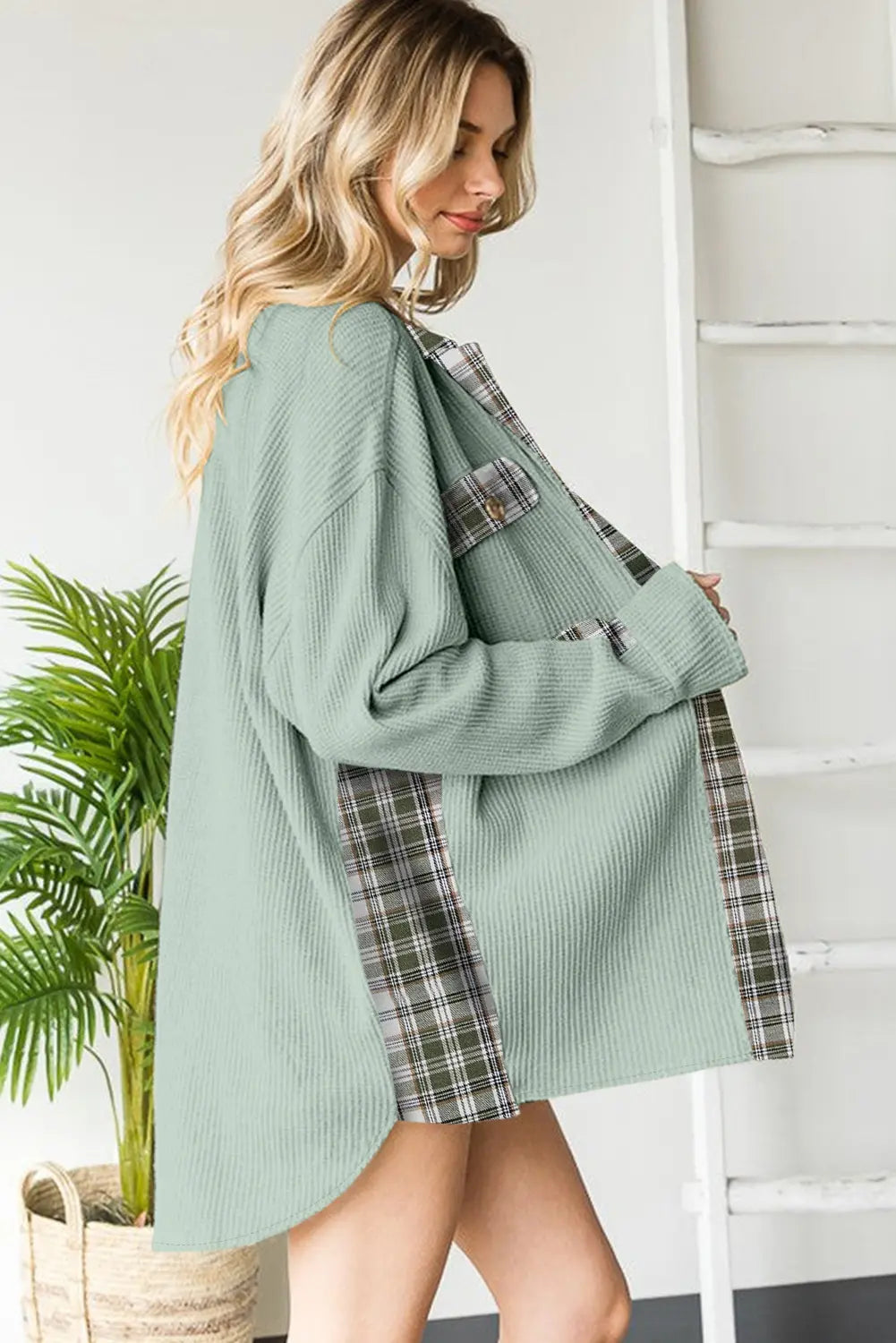 Grass Green Plaid Patchwork Waffle Thermal Knit Shacket