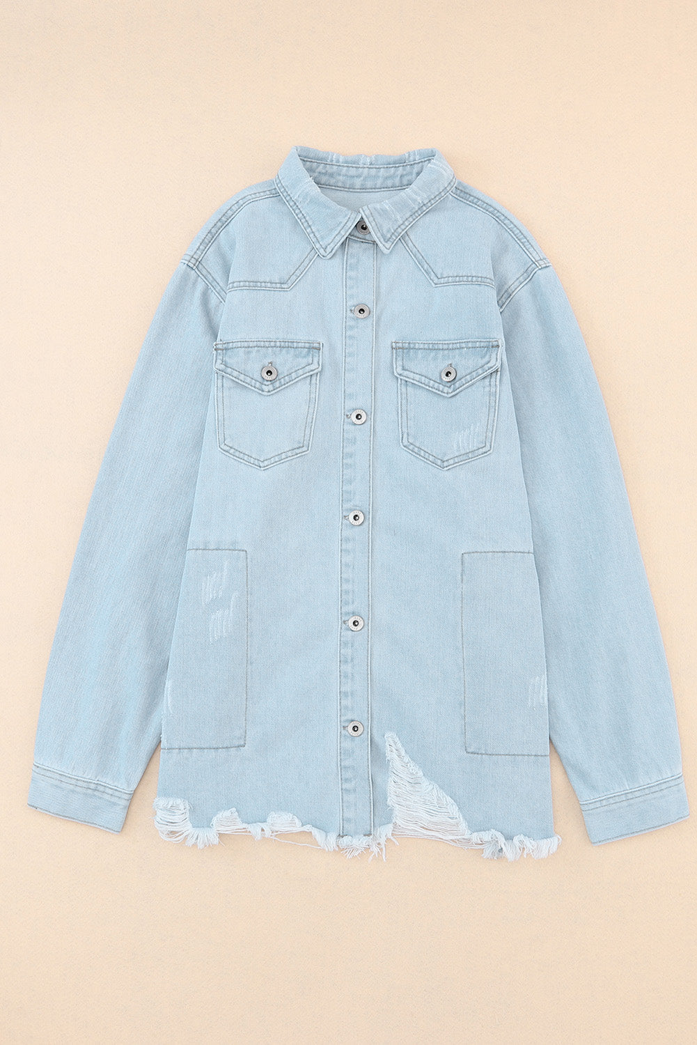 Sky Blue Flap Pocket Buttoned Raw Hem Denim Jacket eAura
