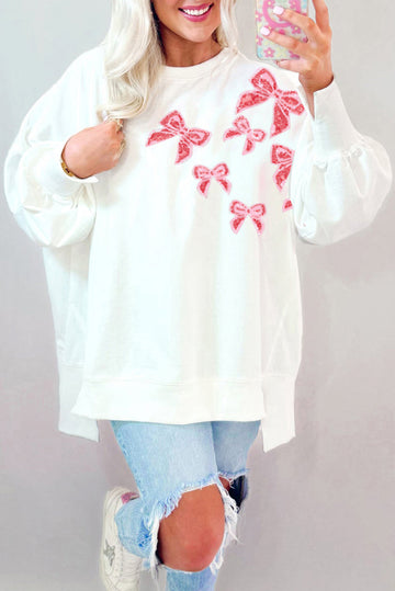 White Sequin Bowknot High Low Oversize Sweatshirt eAura