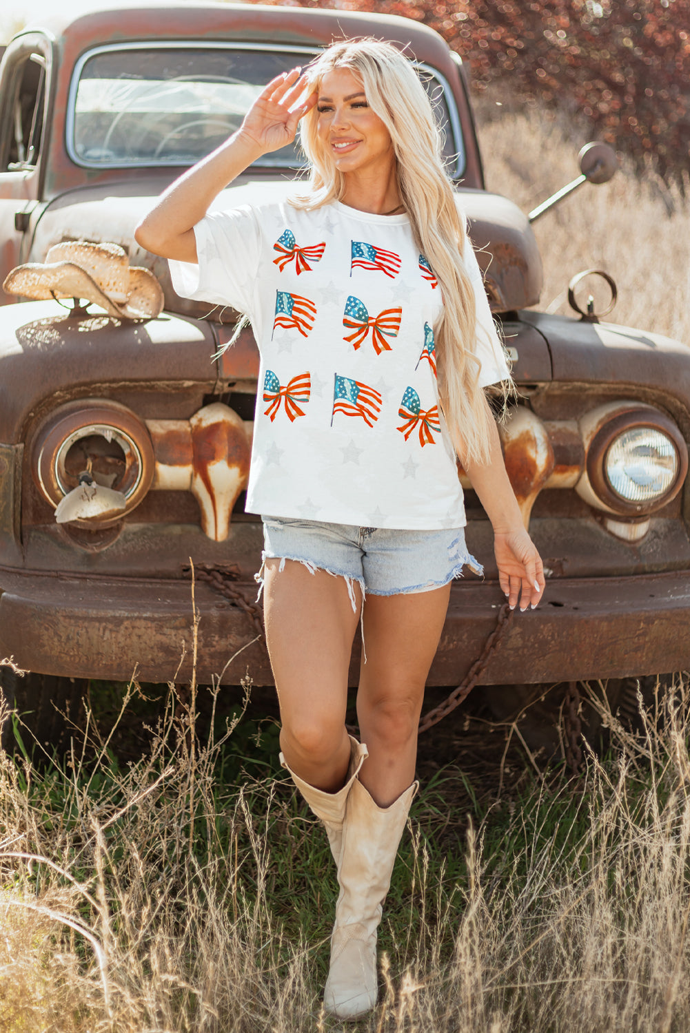 Khaki Patriotic Flag Bow Graphic Starry Round Neck T Shirt - eAura