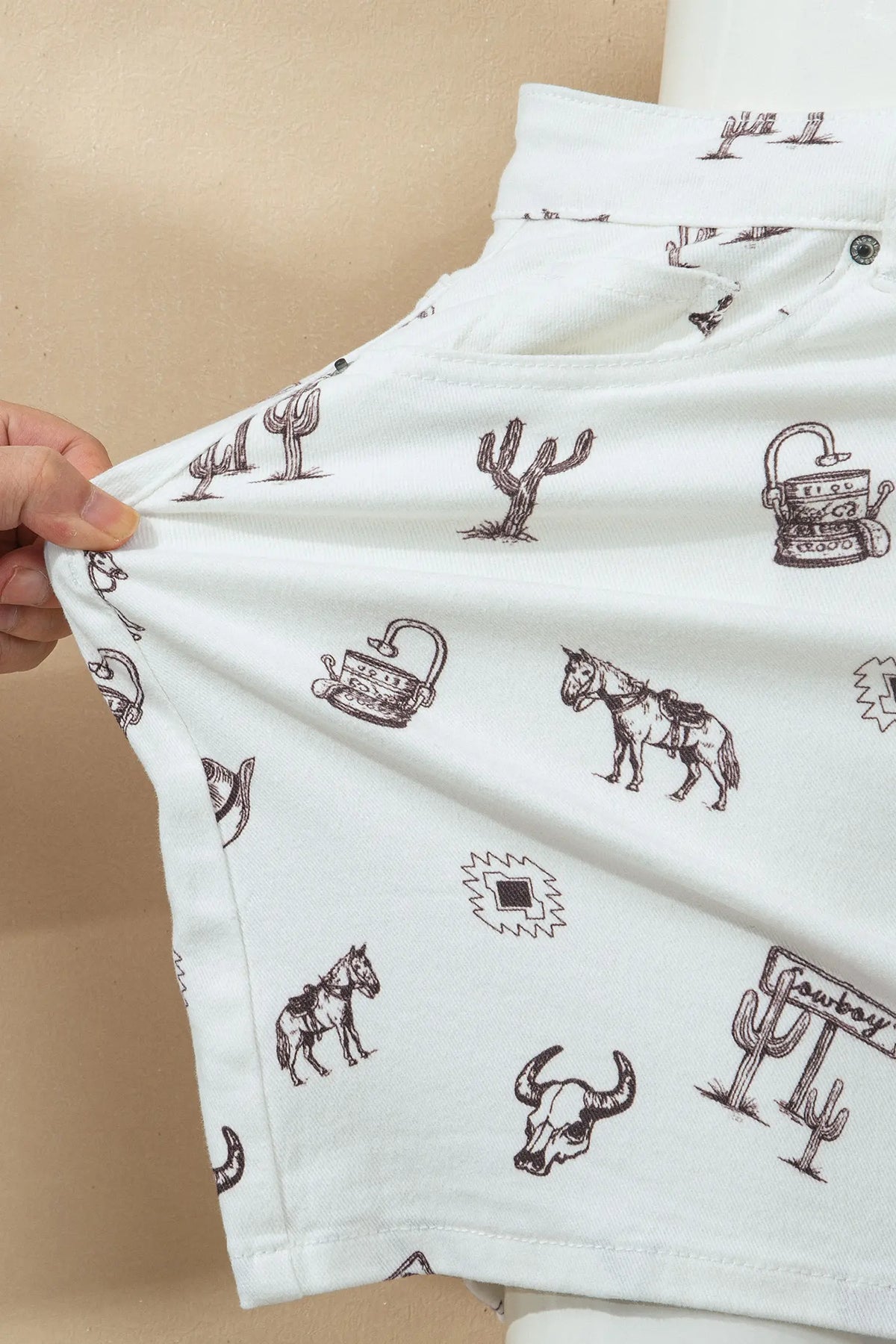 Western Print Cactus Horse Bull Denim Skirt – White