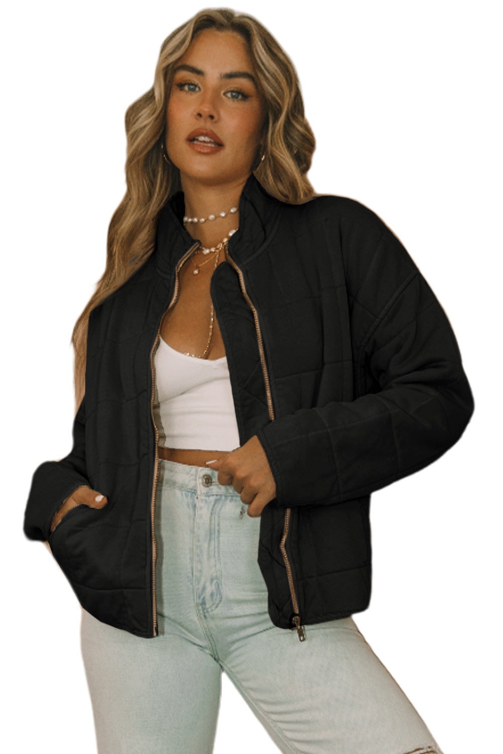 Zip-Up Pocket Quilted Cropped Jacket - Outerwear/Jackets