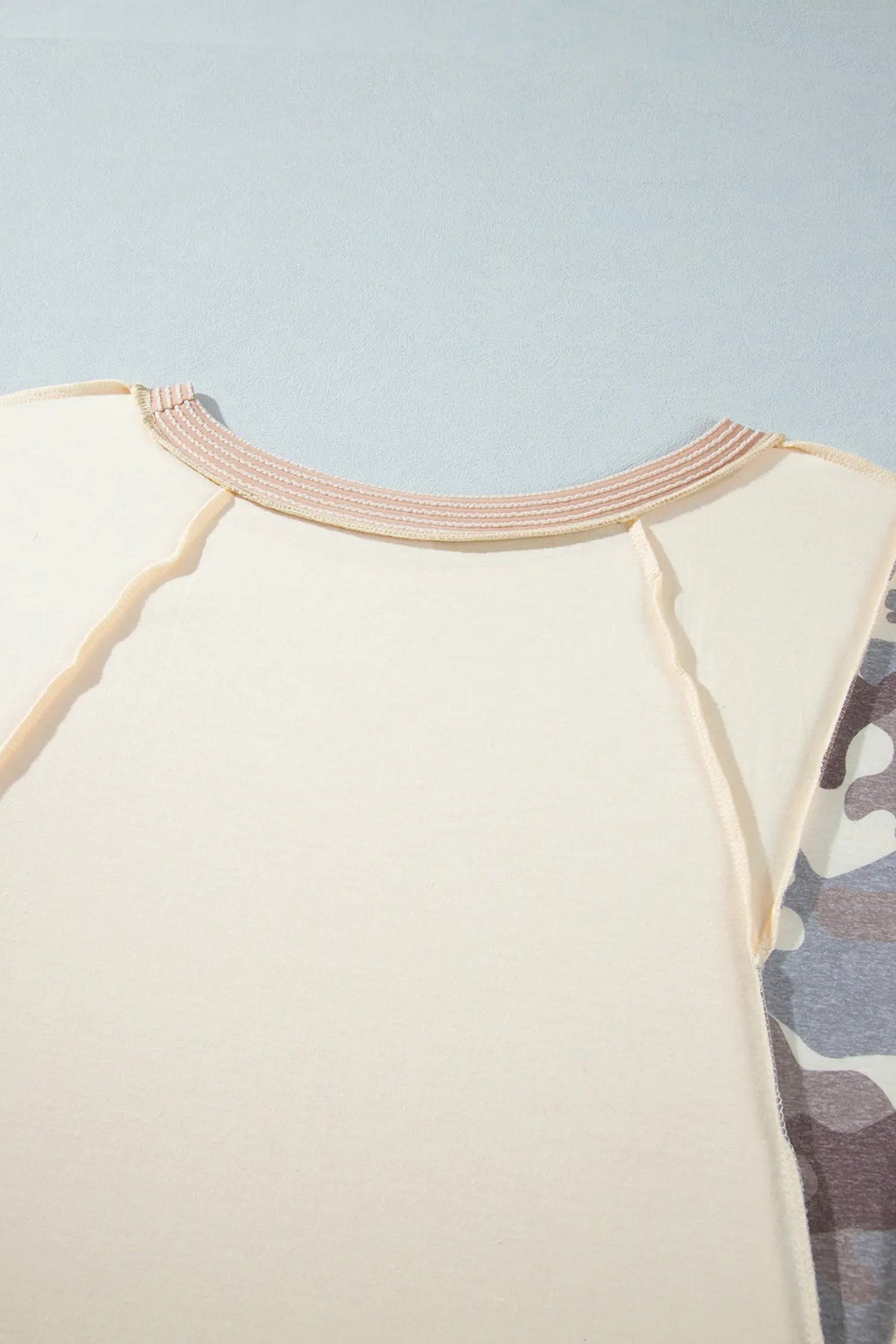 Apricot Camouflage Panel Twist Rib Sleeve Round Neck Loose Fit Plus Size Blouse – Beige
