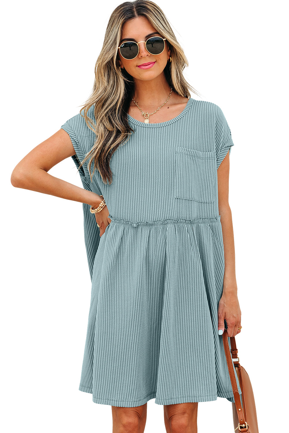 Canton Ribbed Knit Textured Patched Pocket Frilled Swing Mini Dress with Pockets eAura