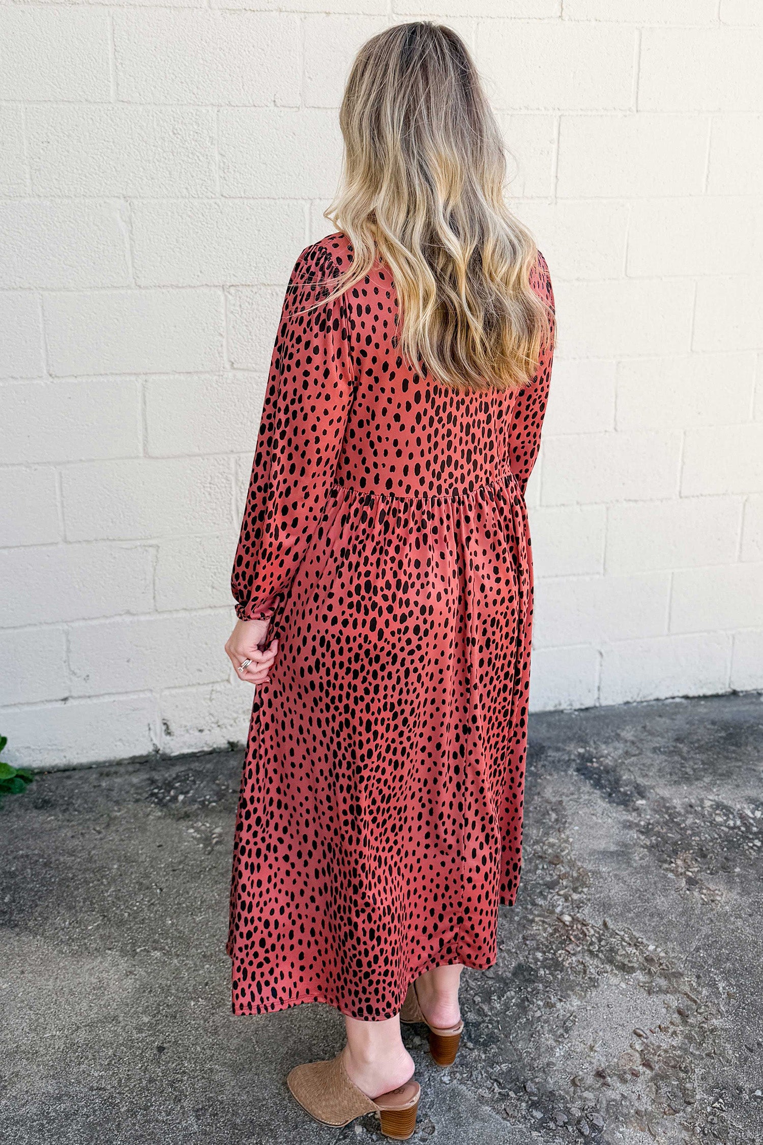 Leopard Print Long Sleeve V Neck Plus Size Midi Dress – Red