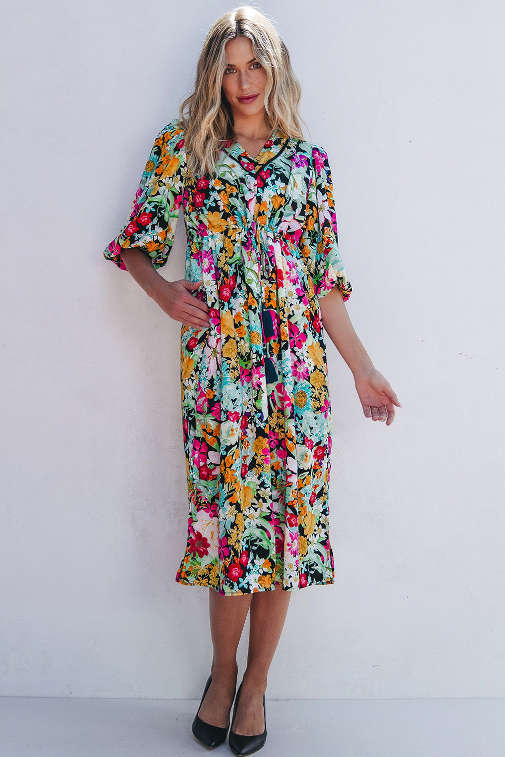 Green Floral Puff Sleeve V Neck Tassel Drawstring Dress eAura