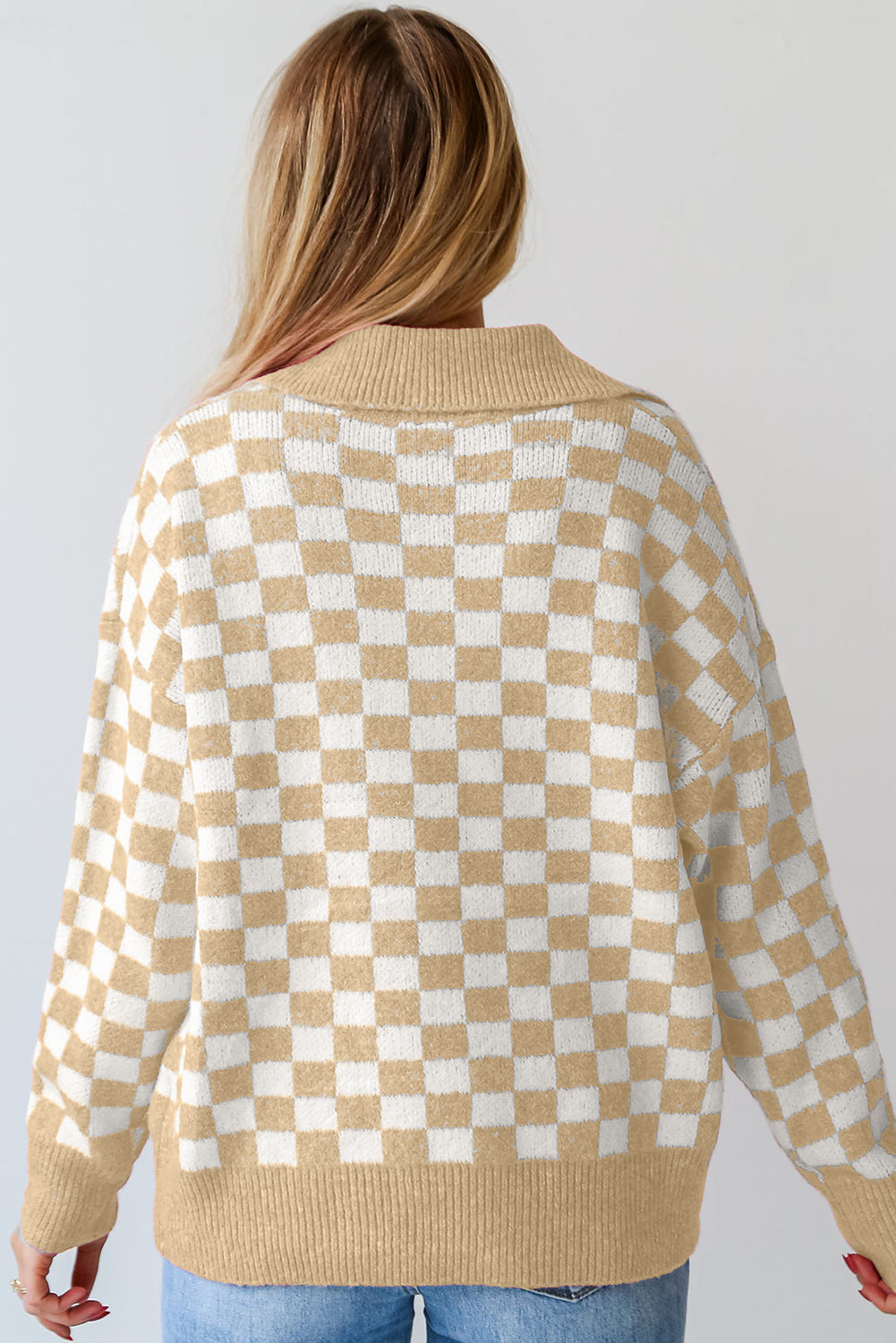 Apricot Checkered Buttons Collar V Neck Drop Shoulder Sweater BB Fashion Outlet