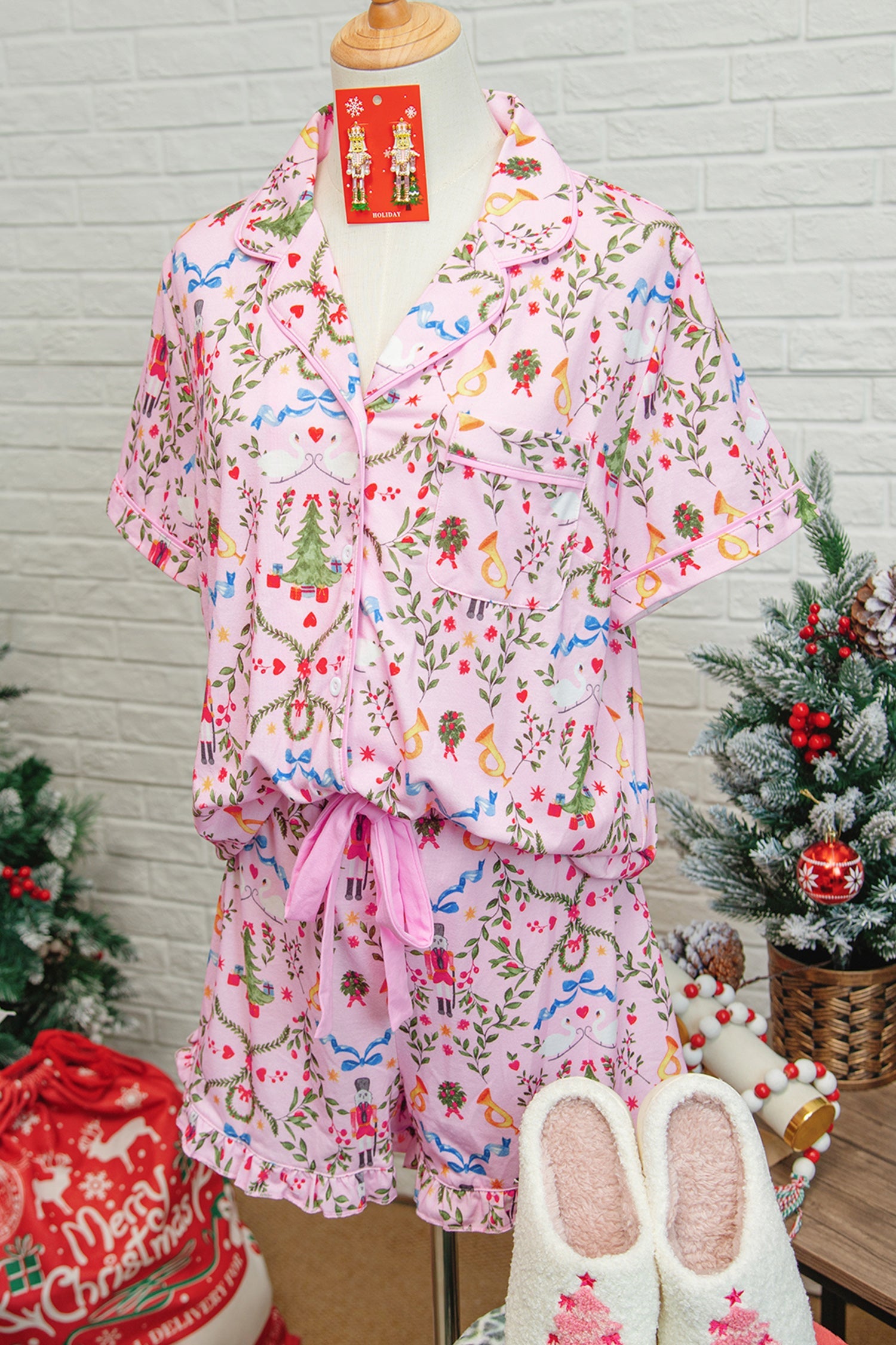 Nutcracker Doll Christmas Print Ribbon Tie Waist Short 2pcs Pajama Set - Loungewear & Sleepwear/Sleepwear