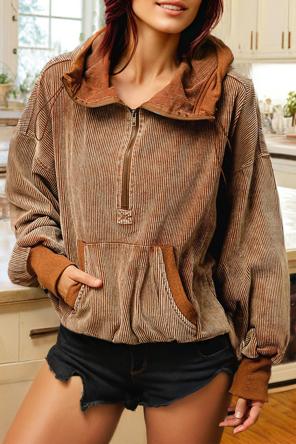 Chestnut Half Zipper Kangaroo Pocket Drawstring Corduroy Hoodie eAura
