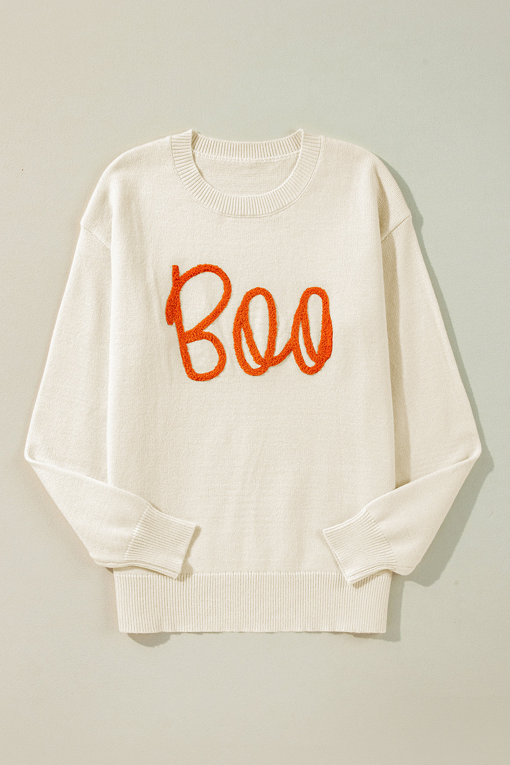 Black Boo Knitted Pattern Ribbed Edge Drop Shoulder Sweater eAura
