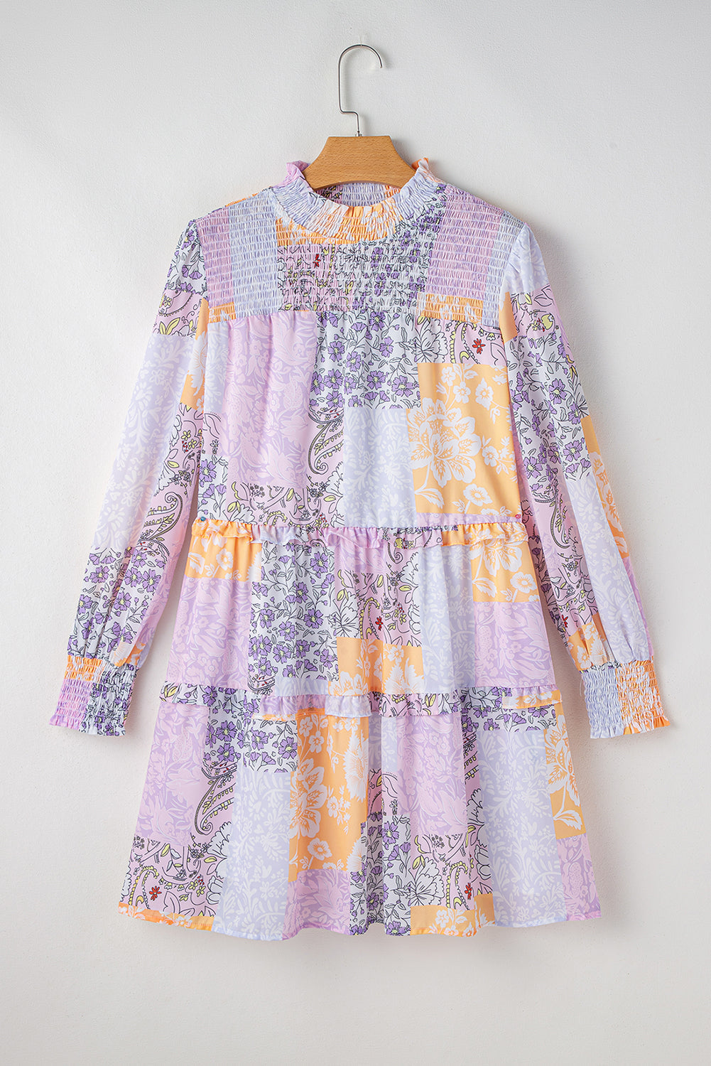 Multicolour Floral Smocked Mock Neck Ruffled Tiered Bubble Sleeve Dress eAura
