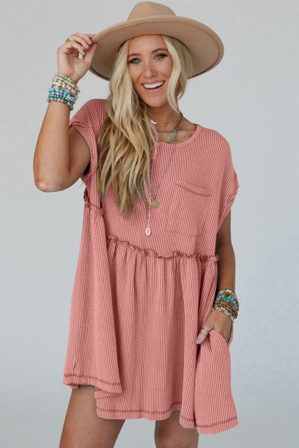 Dusty Pink Cord Textured Swing Mini Dress with Pockets eAura