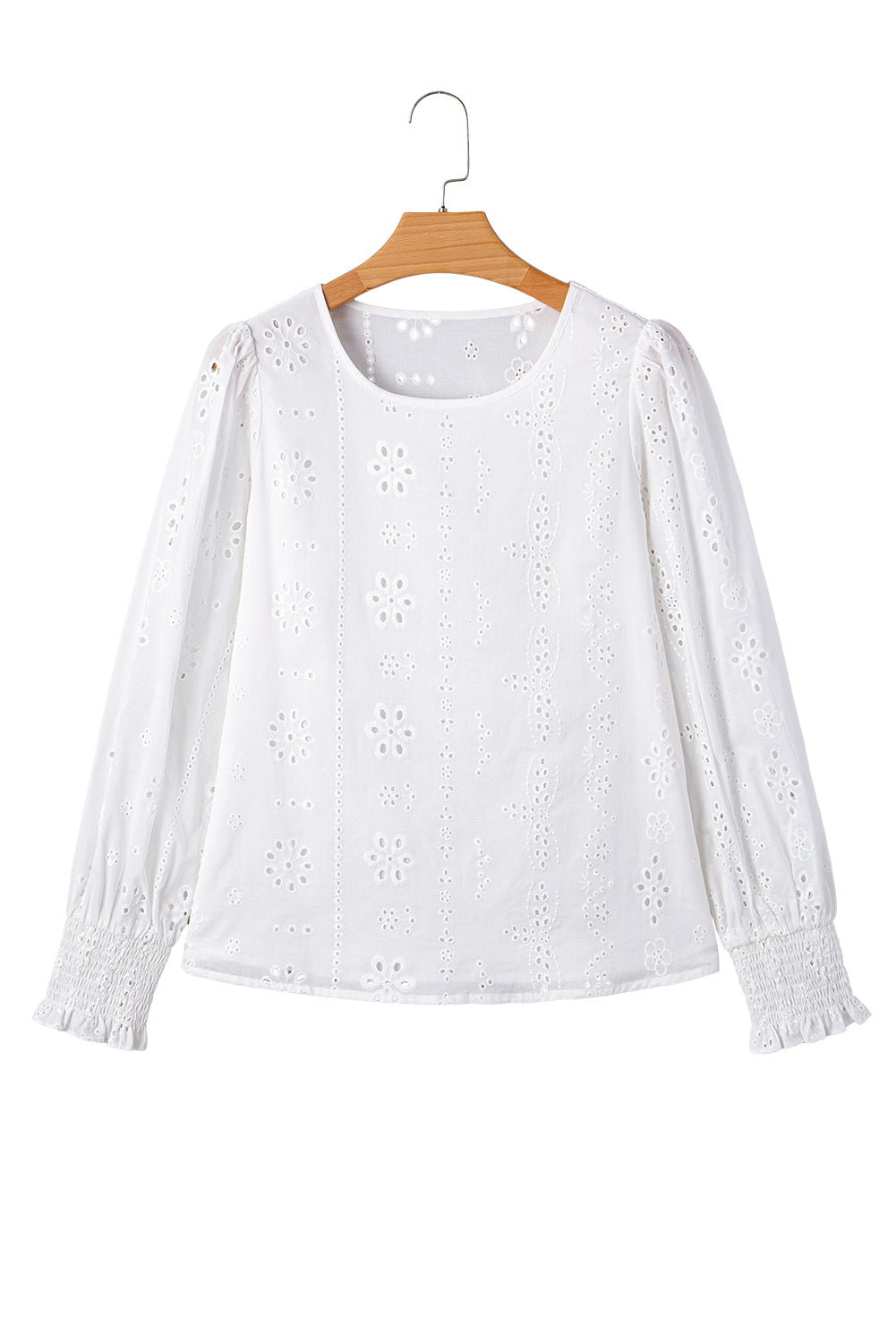 White Eyelet Embroidered Smocked Cuff Sheer Blouse eAura