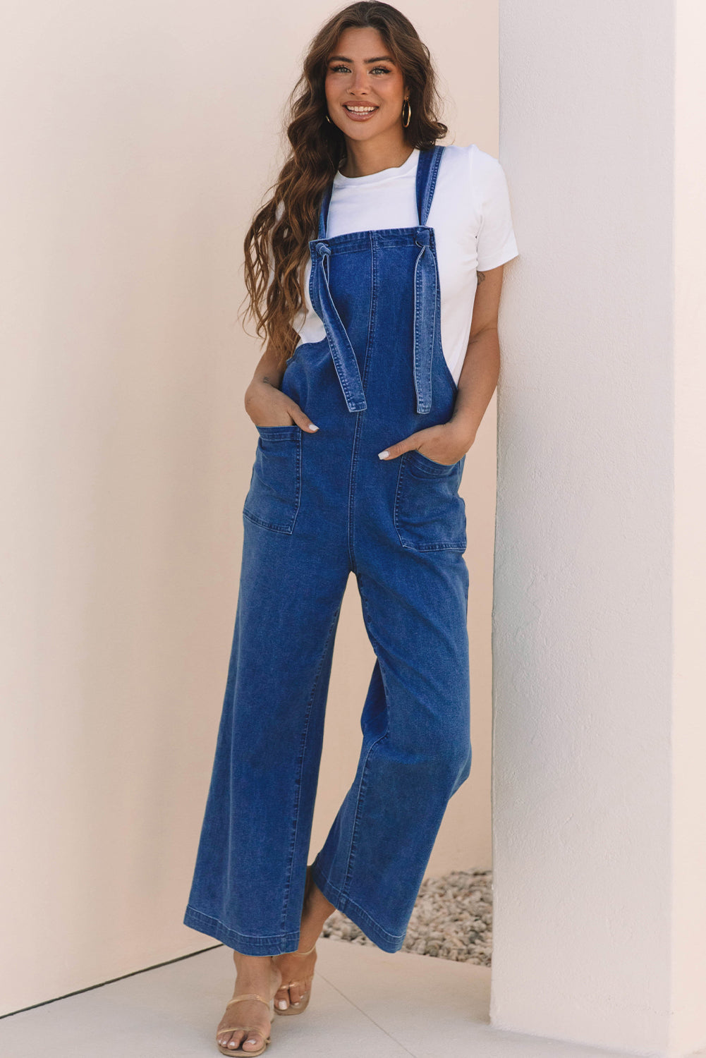 Blue Mineral Wash Knot Strap Patched Pocket Wide Leg Denim Overalls Dungarees BB Fashion Outlet