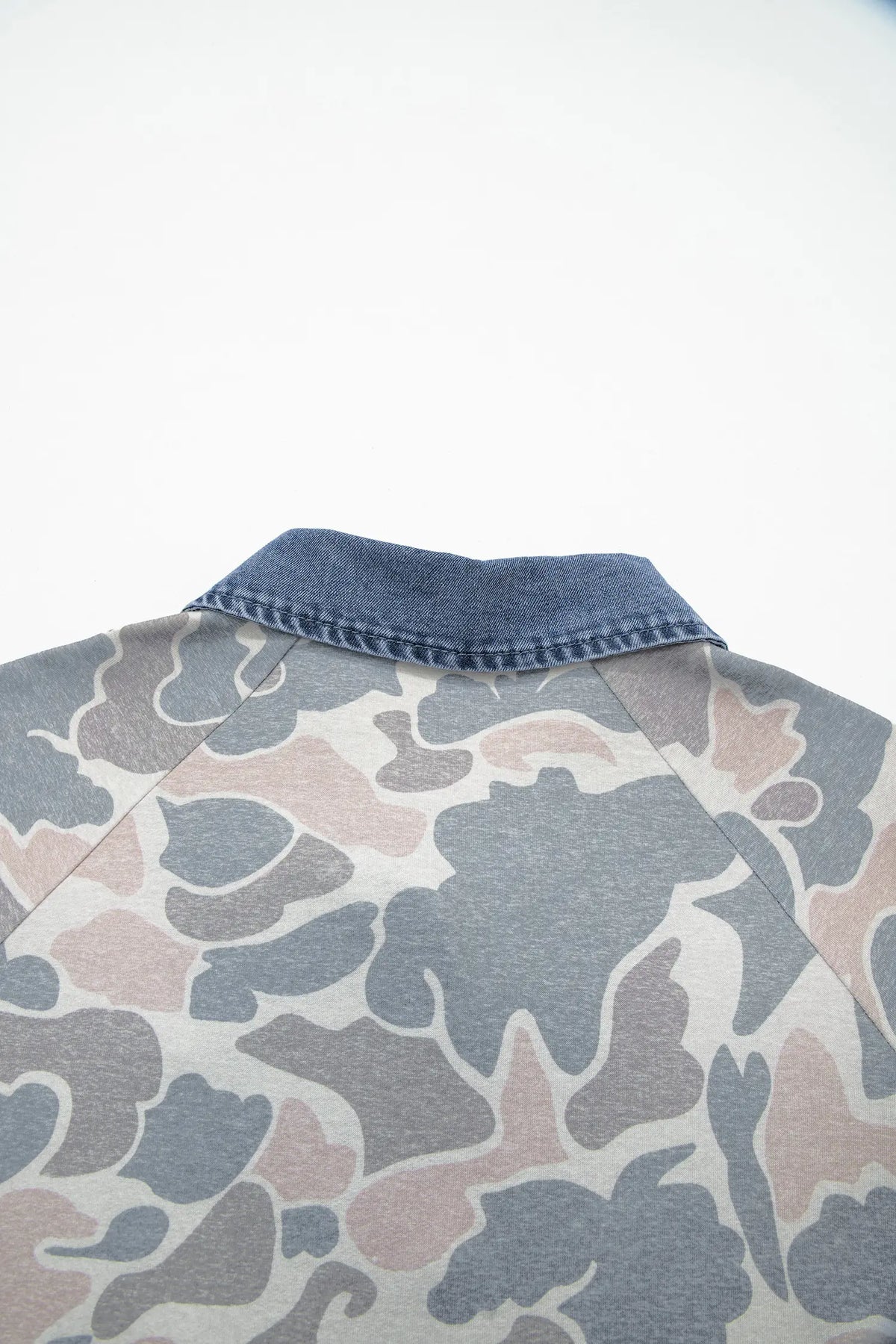 Camouflage Print Denim Patchwork Polo Collar Tee – Multicolour