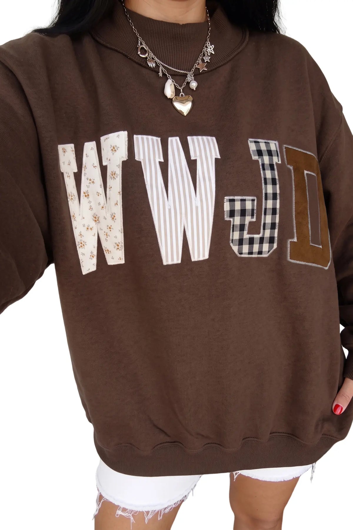 WWJD Mixed Pattern Embroidered Patch Graphic Mock Neck Sweatshirt – Grey