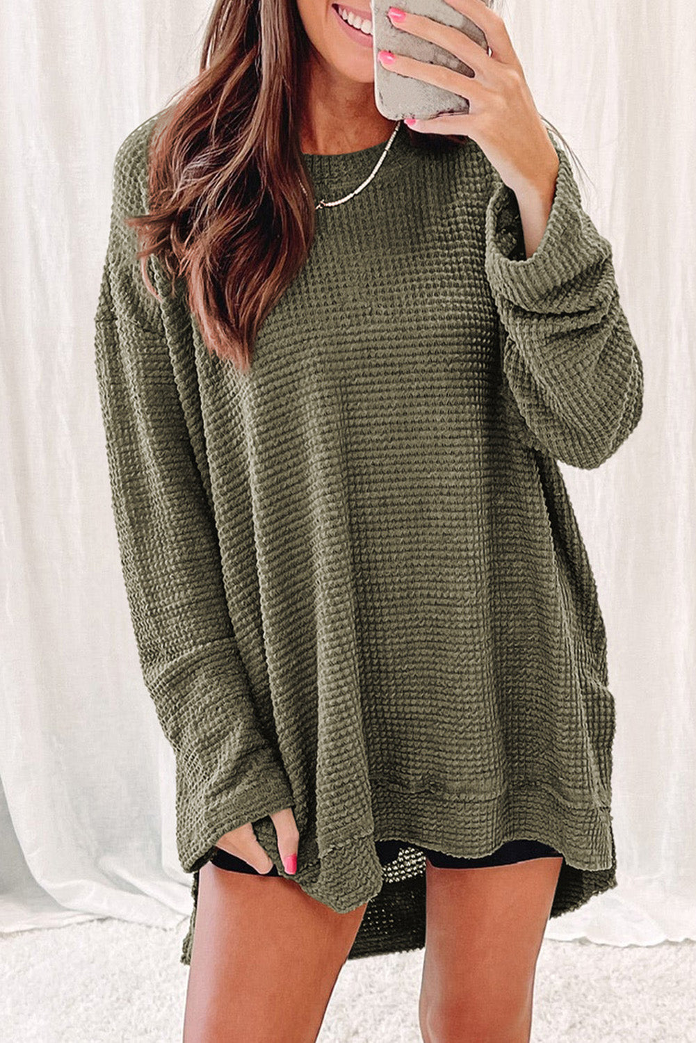 Khaki Waffle Knit High Slits Oversized Top - eAura