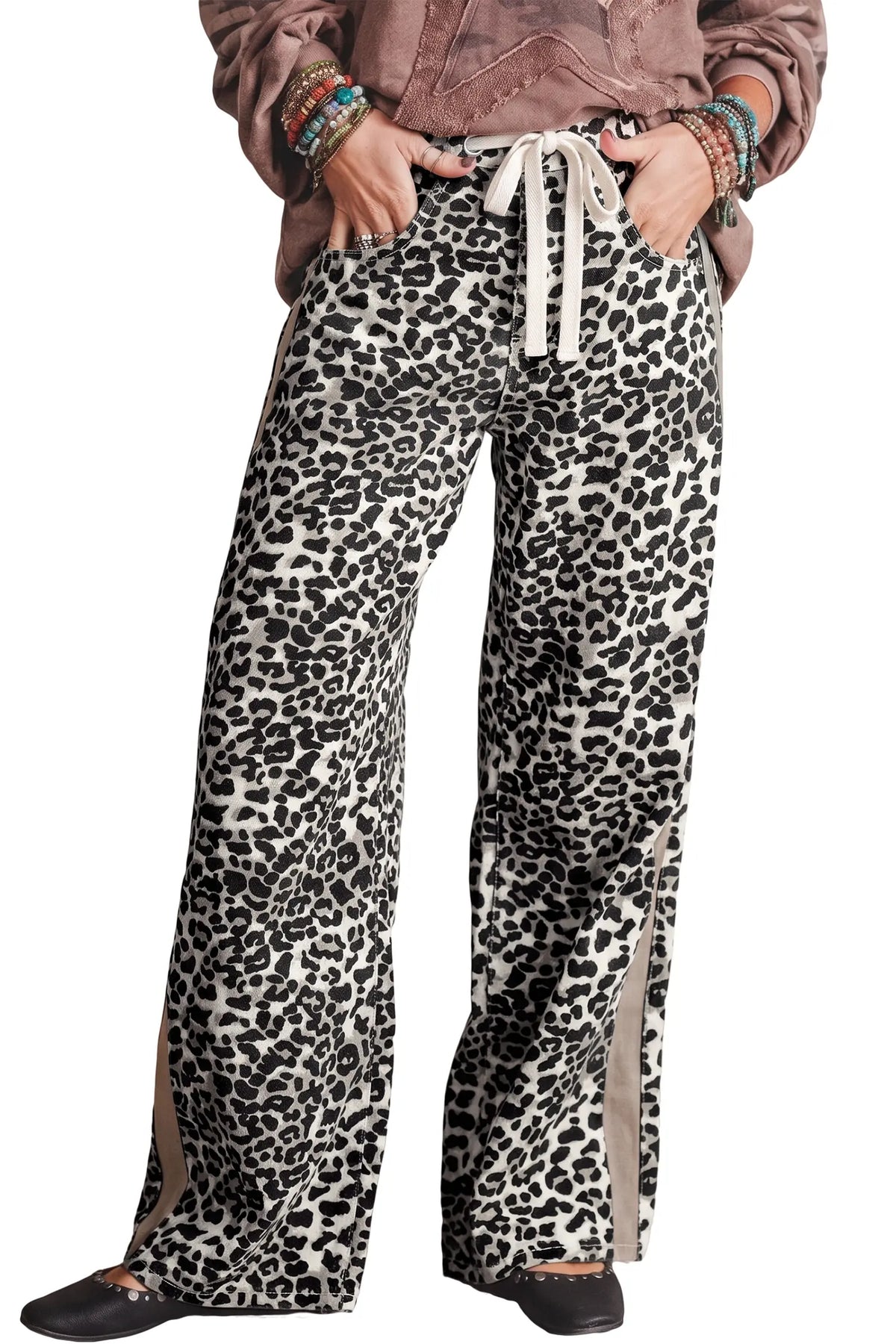 Leopard Print Drawstring Waist Straight Leg Jeans – Khaki