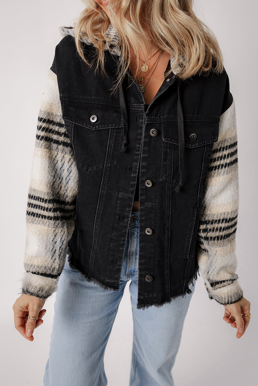 Black Plaid Sleeve Frayed Hem Hooded Denim Jacket Beagle Boutique Fashion Outlet