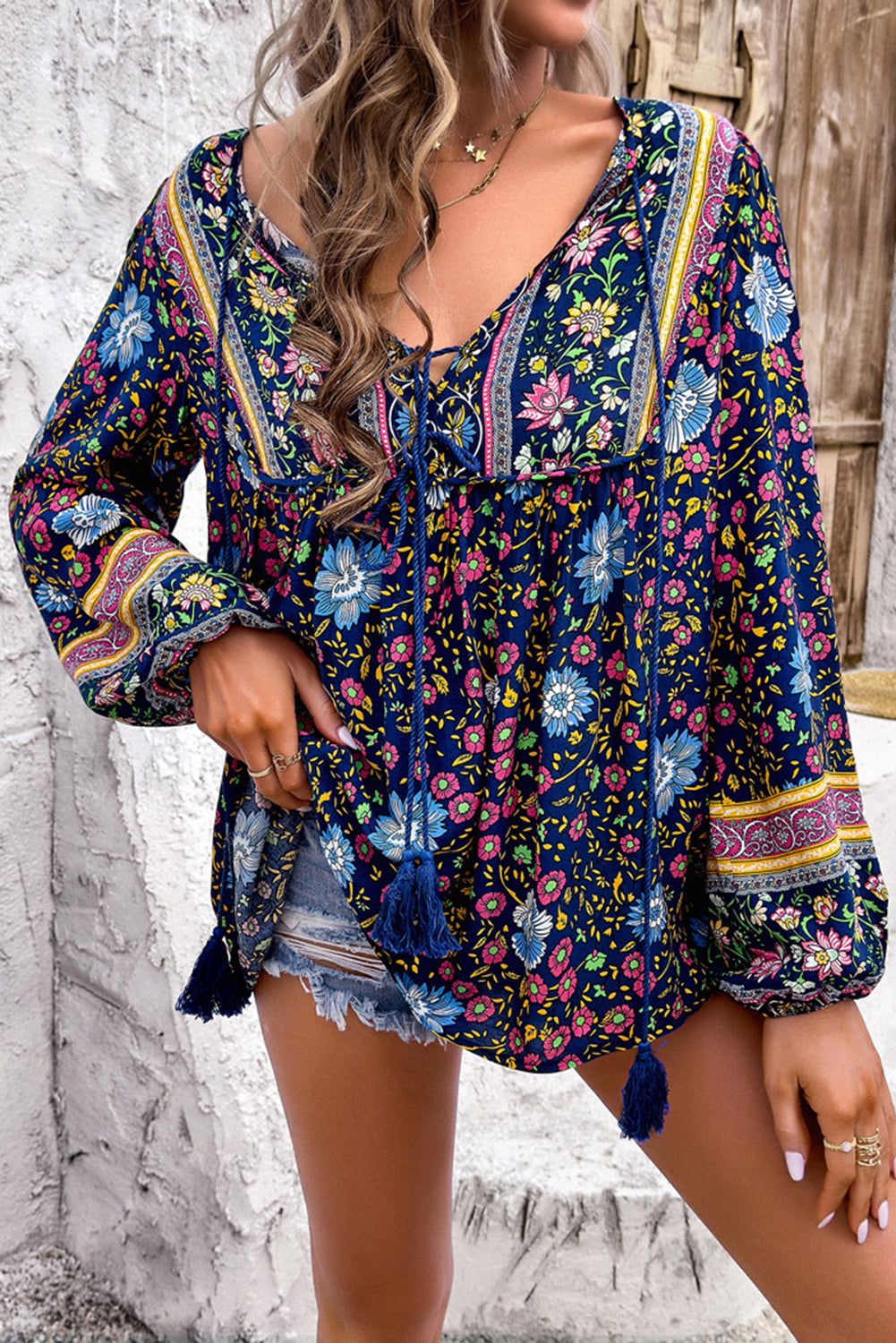 Traditional Print Tassel Tie Front Blouse - eAura