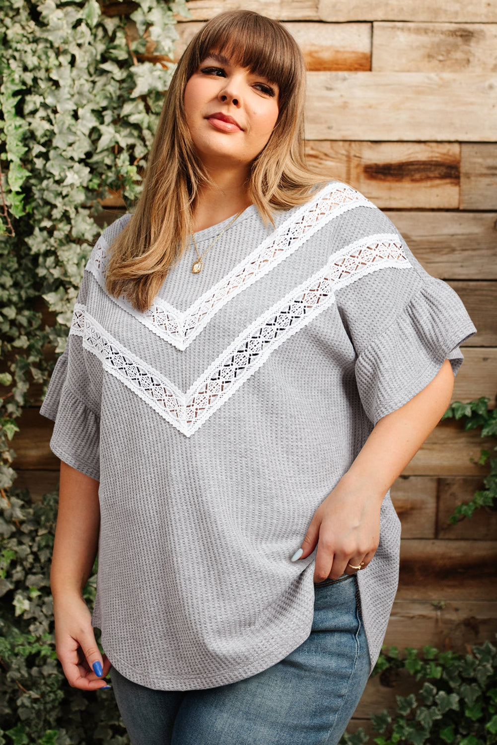 Light Grey Lace Insert Waffle Ruffle Short Sleeve Plus Size Top BB Fashion Outlet