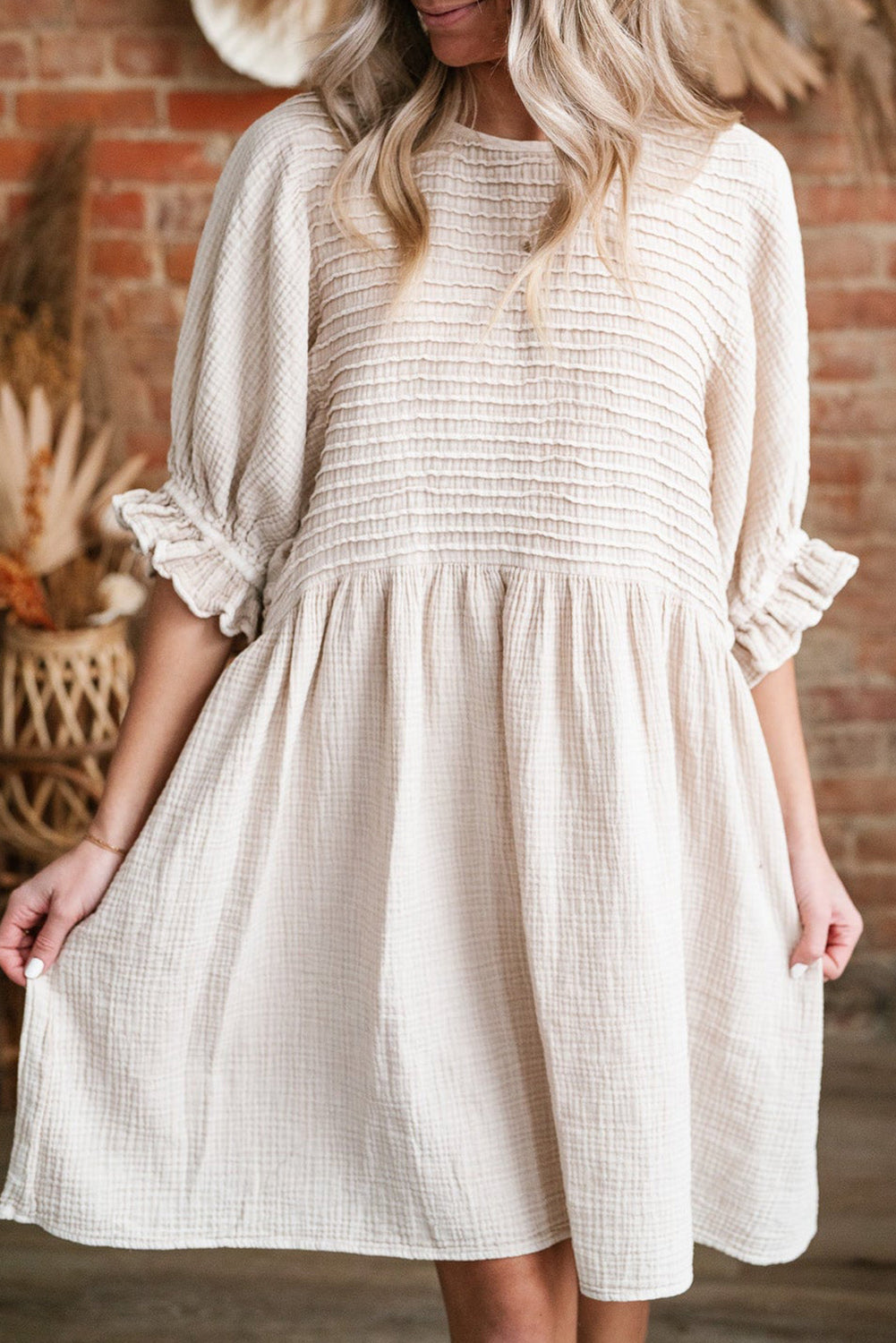 White Textured Ruffled Puff Sleeve Oversized Dress eAura