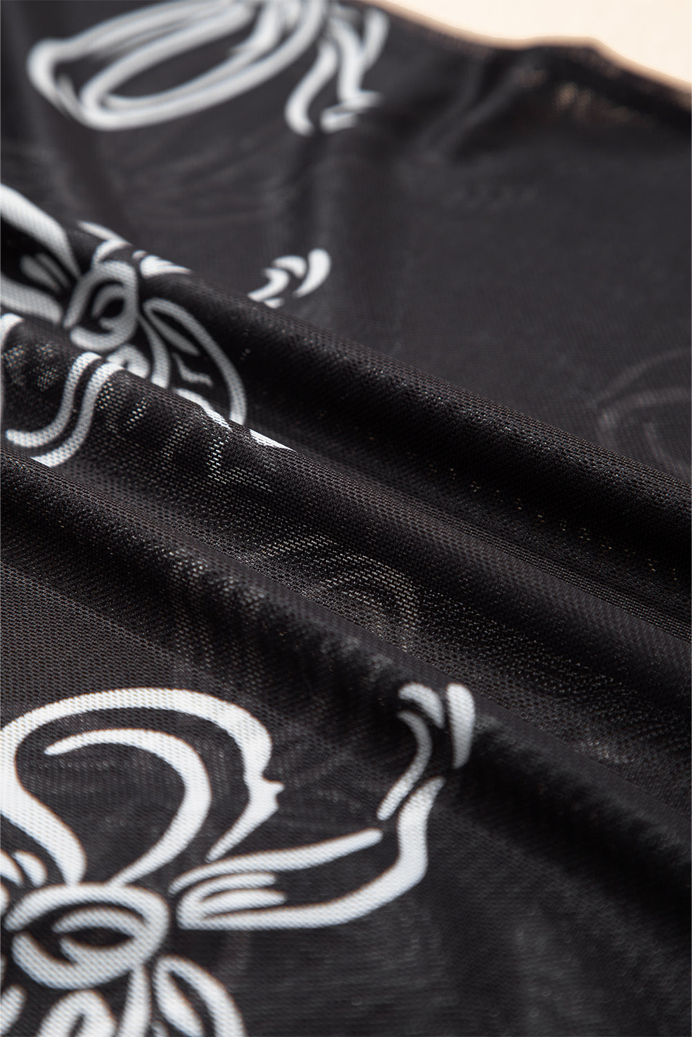 Black Bow Printed Mesh Short Sleeve Top eAura