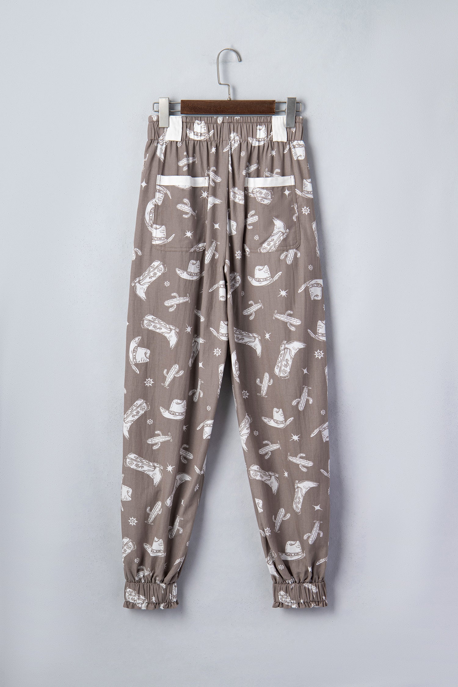 Khaki Western Print Drawstring Jogger Pants