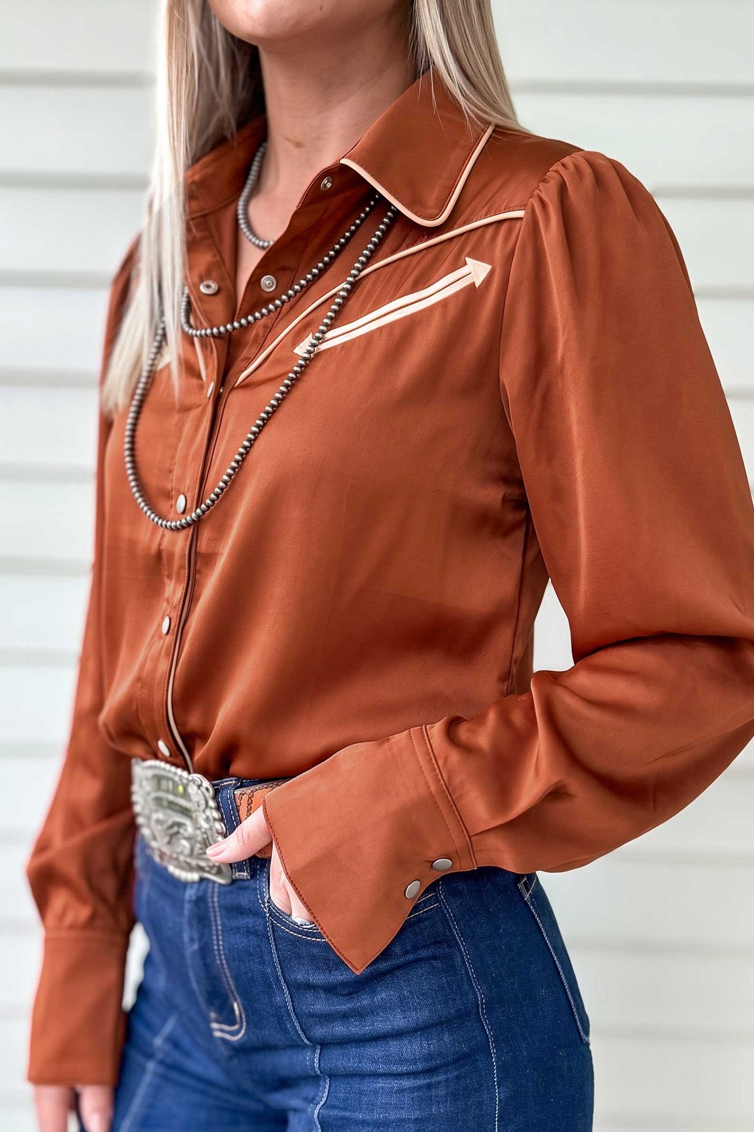 Silky Long Sleeve Button Front Western Fashion Shirt – Cinnamon