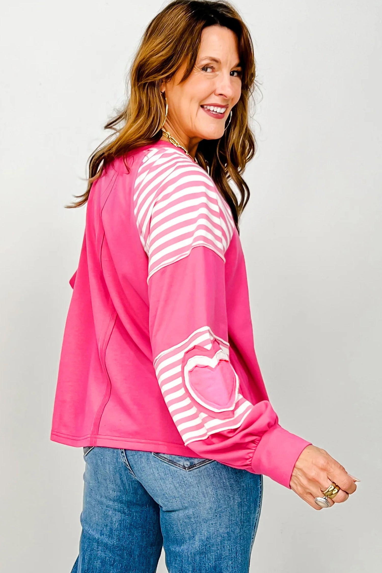 Pink Heart Shape Striped Patchwork Long Sleeve Loose Top - Tops/Long Tops