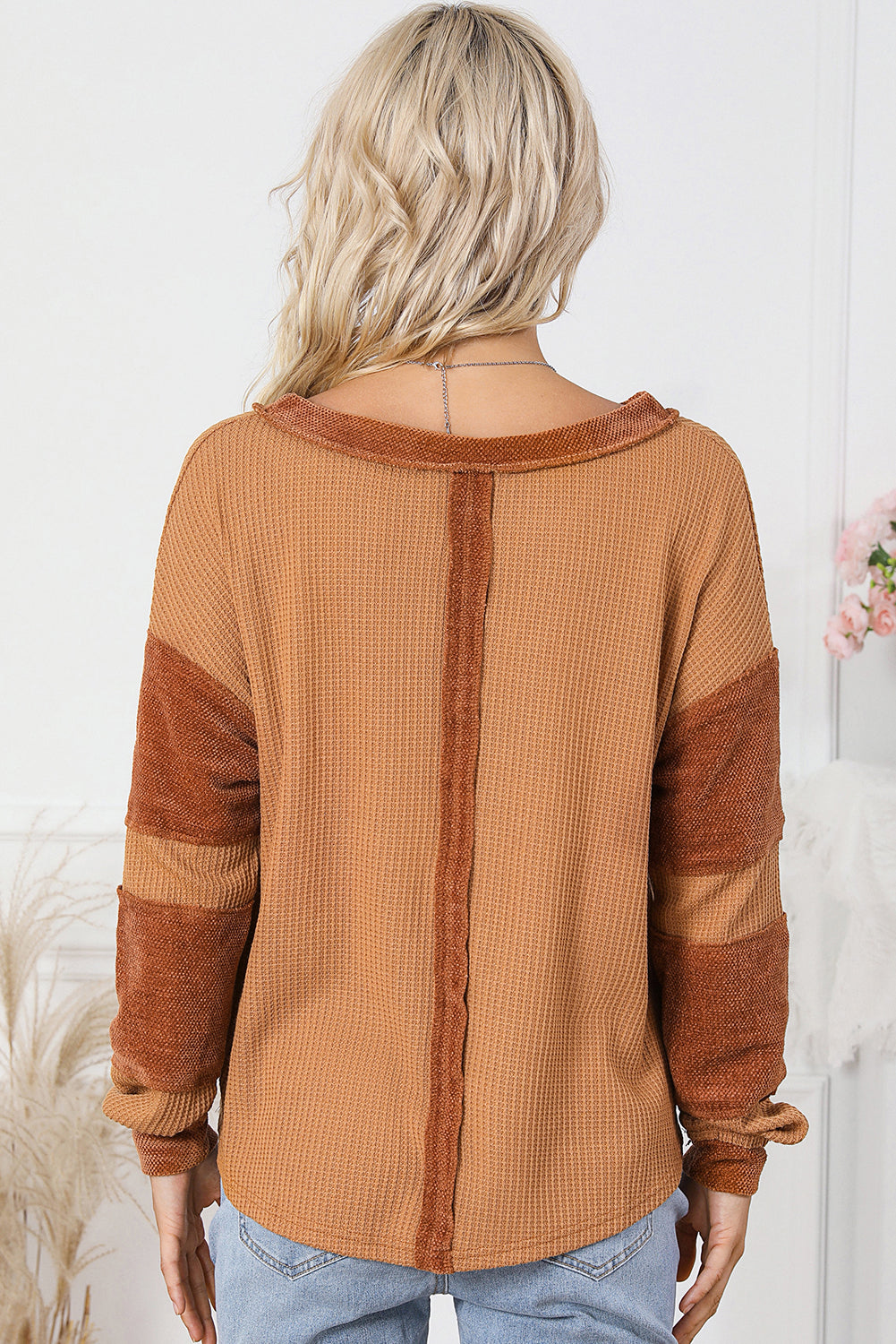 Contrast Patched Exposed Seam Waffle Knit Henley Top eAura