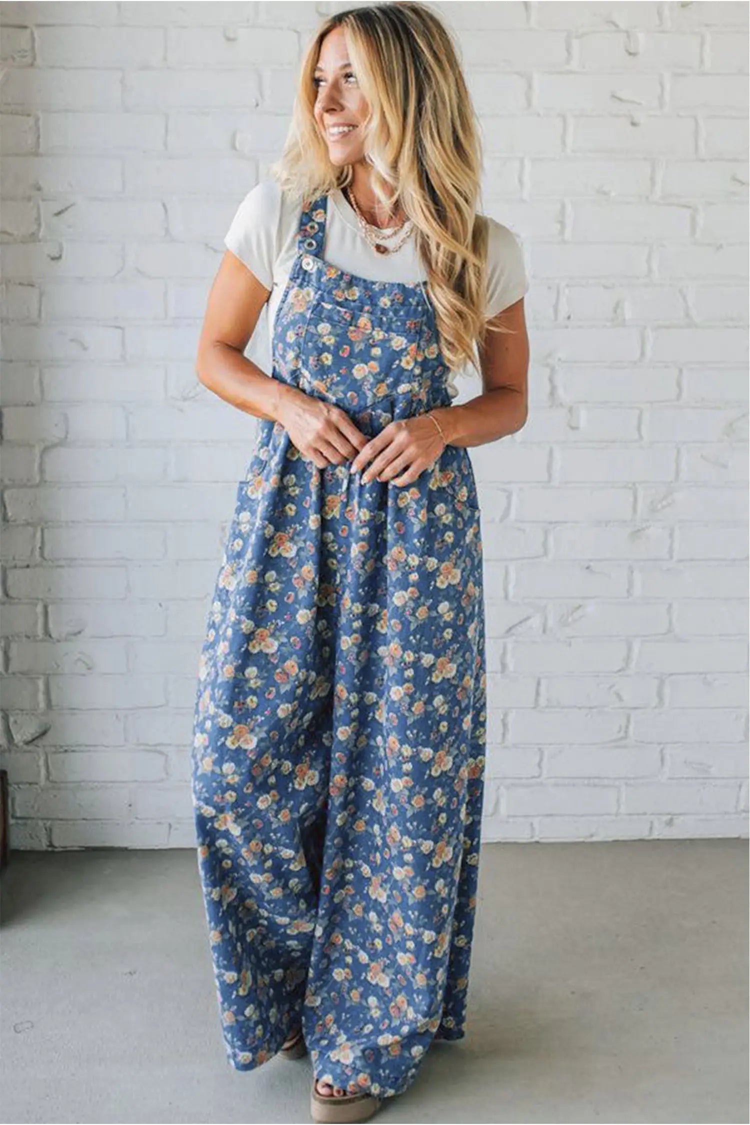 Blue Vintage Rose Printed Pleated Loose Denim Overall Jumpsuit