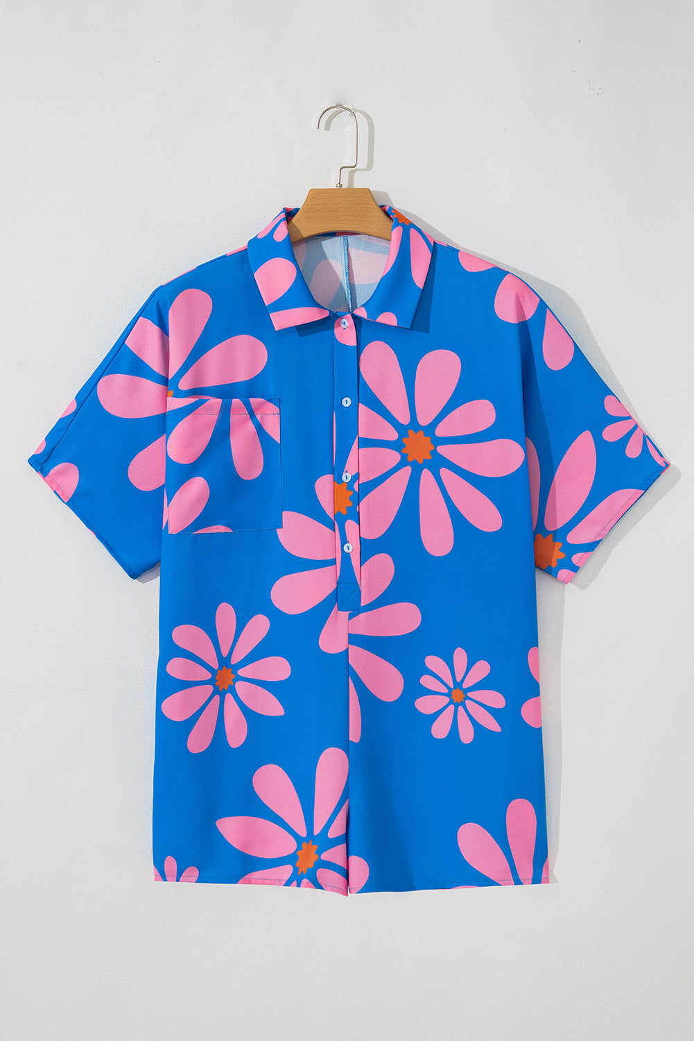 Blue Summer Flower Print Shirt Collar Button Front Loose Romper Dear-Lover Dropshipping