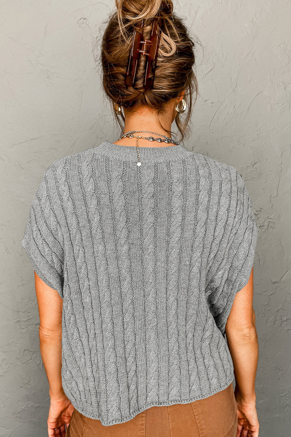 Chestnut Crew Neck Cable Knit Short Sleeve Sweater eAura