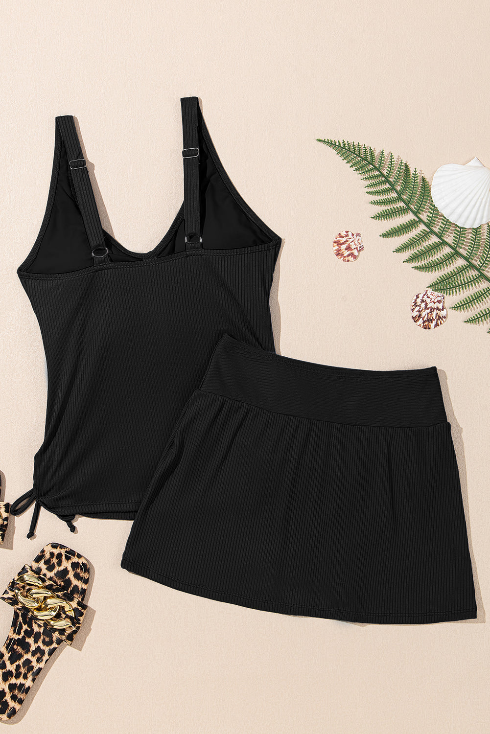 Ribbed Crossed Detail Tankini & Skort Two-Piece Swimsuit