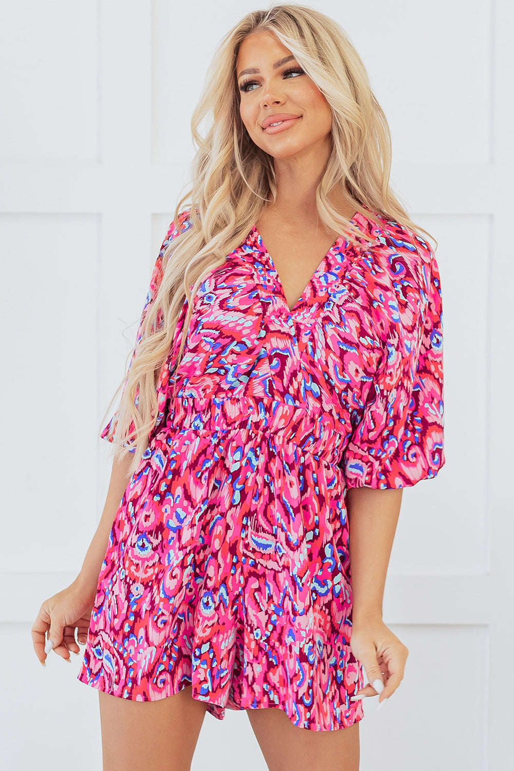 Pink Abstract Print Puff Sleeve V Neck High Waist Romper eAura
