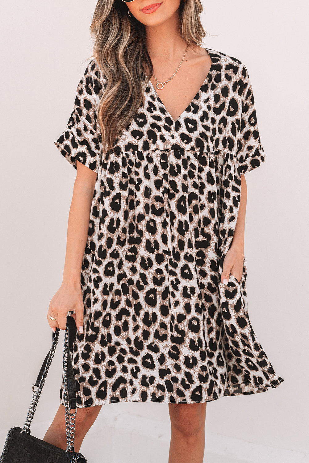 Khaki Cheetah Print Backless V Neck Loose Fit Mini Dress eAura