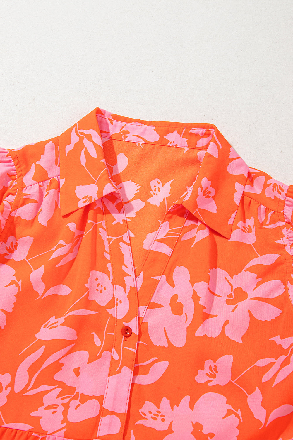 Orange Floral Print Collared Button Neckline Flutter Sleeve Blouse eAura