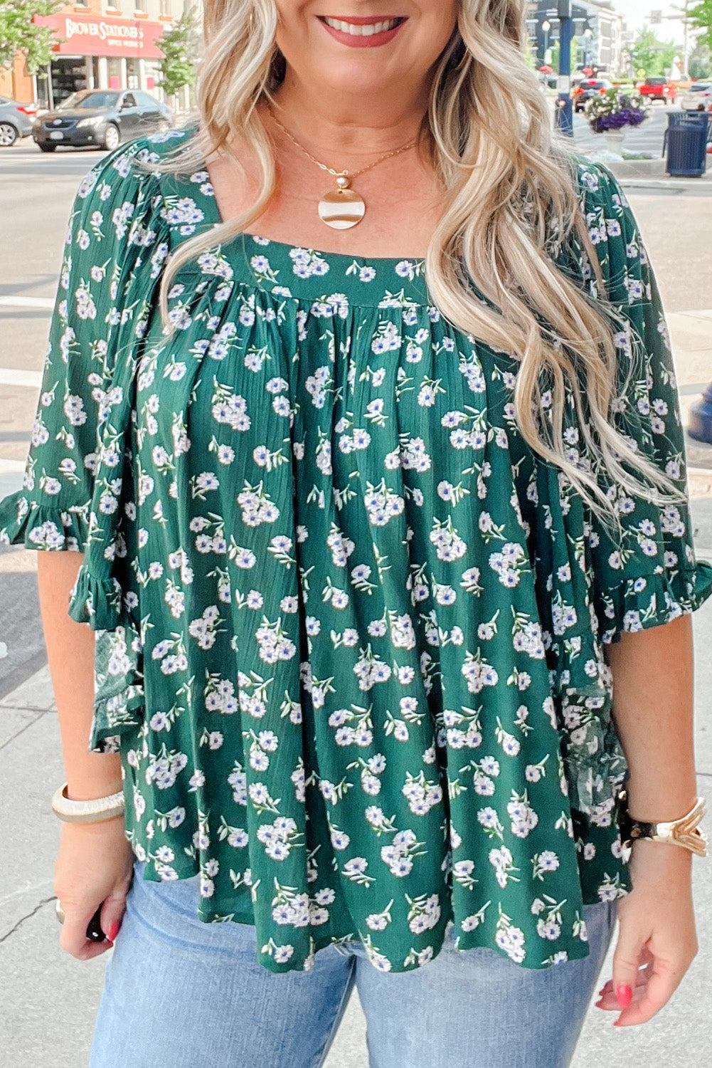 Green Floral Print Square Neck Ruffled Trim Plus Size Blouse BB Fashion Outlet